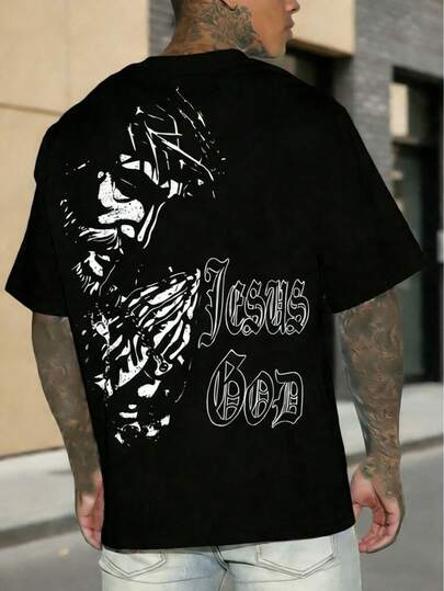 男式落肩短袖十字印花街头风 T 恤