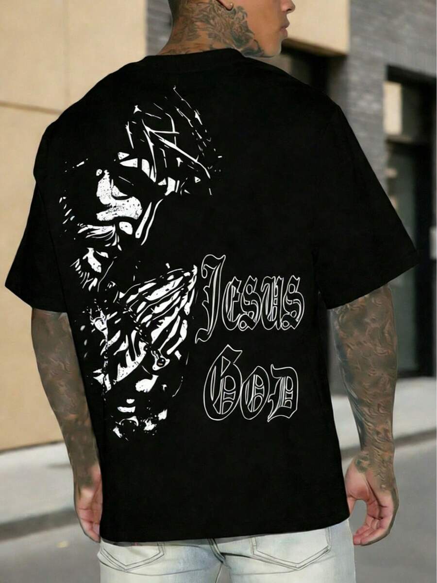 男式落肩短袖十字印花街头风 T 恤 - 黑色 - 查看 1