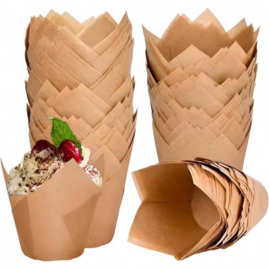Moldes para Cupcakes de Tulipán 200 Unidades Envoltorios a Prueba de Grasa para Fiestas y Navidad Natural - Natural - Ver 1