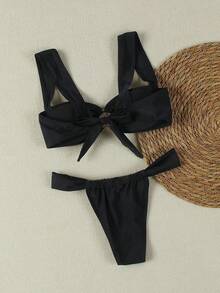 新款春夏休闲优雅性感黑色沙滩度假派对约会比基尼套装 - 黑色 - 查看 2