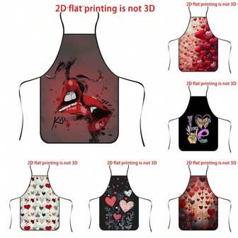 1 pieza Delantal con estampado de labios rojos y corazones, de material de poliéster duradero, adecuado para cocinar, barbacoa, jardinería, pintura, manicura, unisex, para uso en interiores y exteriores