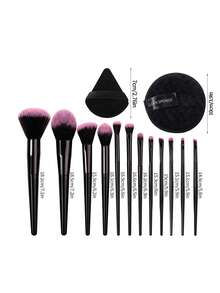 15pcs Popular Makeup Brush Set, Includes 12 Soft Fiber Multi-Function Face Brushes + 3 Dry/Wet Dual-Use Fan/Round Powder Puffs - Black - View 8