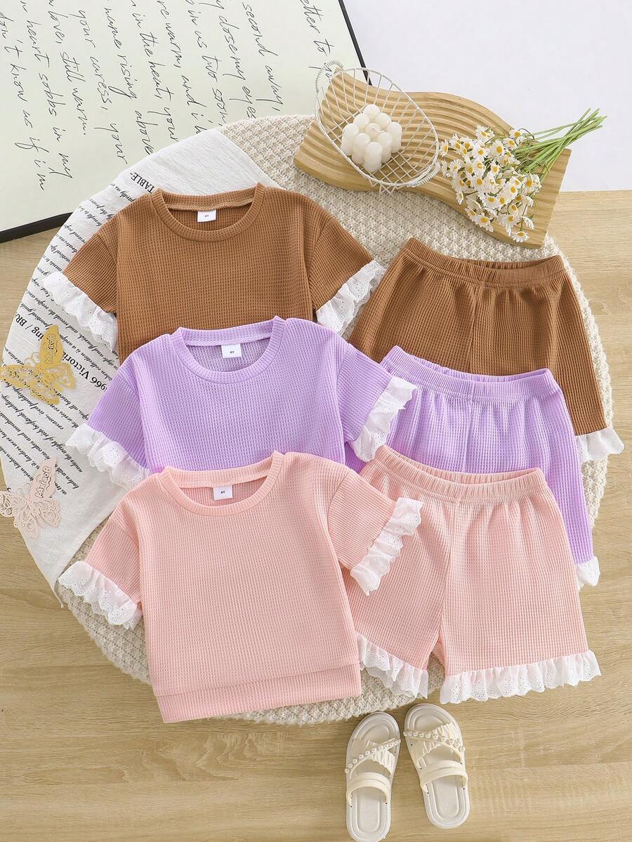 3 Sets (6pcs) Girls Casual Solid Color Soft Comfortable Waffle Knit Fabric With Ruffle Short Sleeve Top And Shorts Set, Suitable For Outdoor Wear, Spring/Summer - Multicolor - View 1