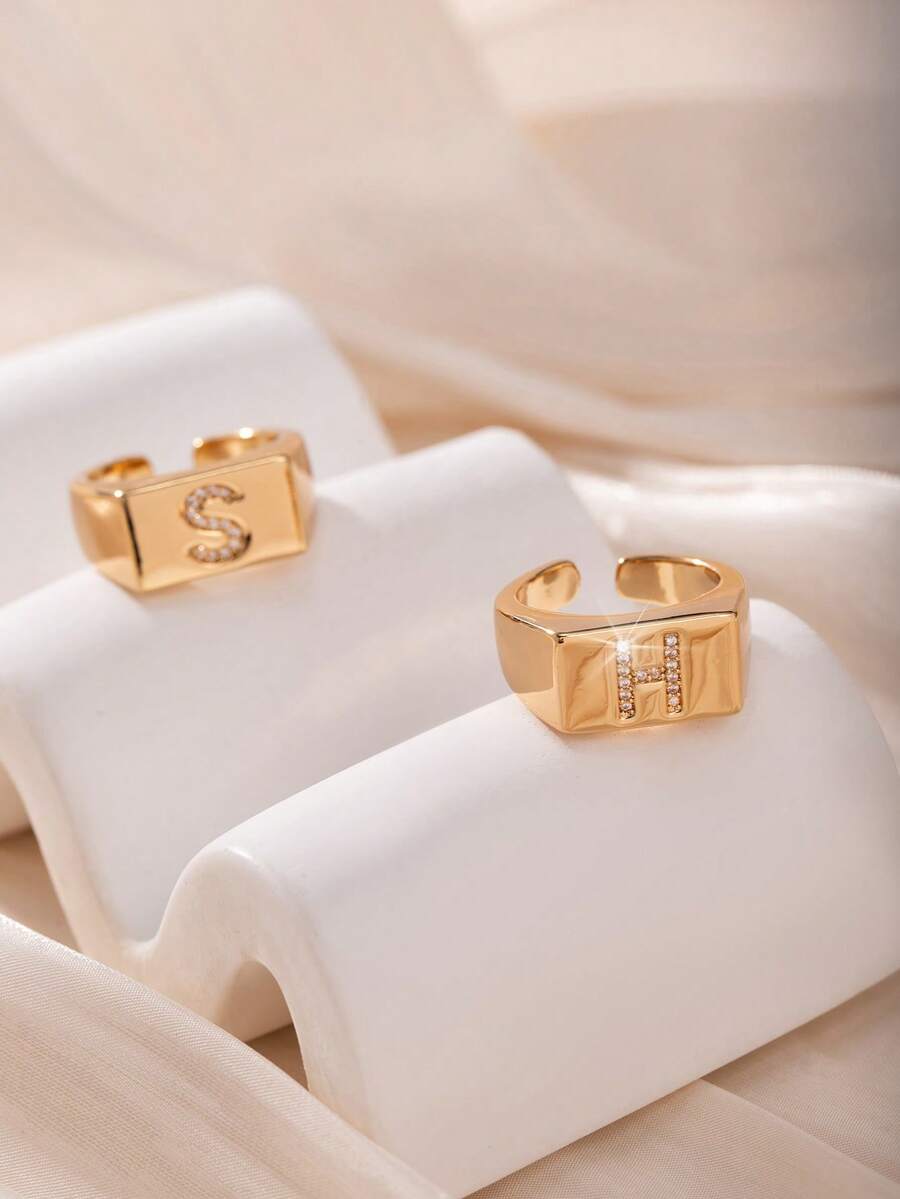 1pc Luxury Women's Ring, Copper Inlaid Cubic Zirconia 26 Letter Block Open Ring, Suitable For Daily Wear, Gift For Friends, New Year, Valentine's Day - Yellow Gold - View 1