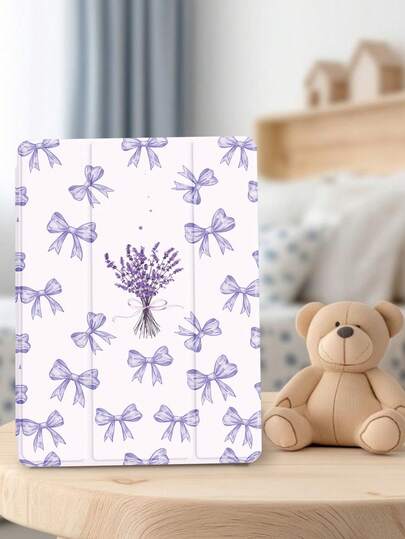 1 件薰衣草蝴蝶结图案扁平保护套，兼容 iPad 10.2 英寸（2021/2020 款）、iPad 第 10/9/8 代、iPad (A16) 11 英寸（第 11 代，2025 款）、三星 Galaxy Tab A8 10.5 英寸（2022 款），平板电脑保护套带笔槽，支持自动睡眠/唤醒功能