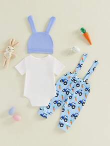 Conjunto de 3 piezas para bebé recién nacido de Pascua, primavera y verano, mono con estampado de letras de conejo, cuello redondo y manga corta, y gorro, ideal para festivales de ocio de 0 a 12 meses. - Blanco - Ver 7