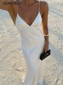 QUNGIGU 女士性感缎面吊带连衣裙，V领系腰设计，正式晚礼服，适合婚礼宾客、派对、新娘送礼会等场合，优雅简约连衣裙 - 白色 - 查看 5
