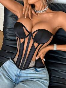 1pc Corset Hollowed Out Bustier Crop Top For Daily Wear/Party/Wedding Cami Top Satin Overbust Lace Up Waist Trainer For Women - 黑色 - 查看 4