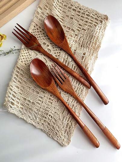 1件/2件/4件/8件套光滑耐用木制餐具套装，包含叉子、刀子、勺子，适合家庭、聚会、餐厅等多种场合。多功能22.5厘米长柄木勺 - 可重复使用的木制餐具，可用于搅拌、盛汤，适合下午茶、家庭、餐厅、旅行和晚宴等场合。