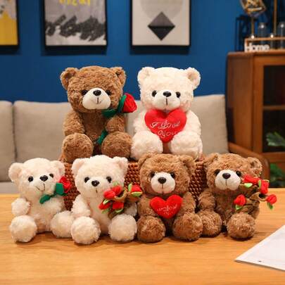1个16厘米可爱泰迪熊毛绒玩具，萌萌的“我爱你”泰迪熊毛绒玩具，泰迪熊手捧玫瑰花束，心形熊抱枕，毛绒玩具，情人节礼物，送给宝宝或女朋友的礼物