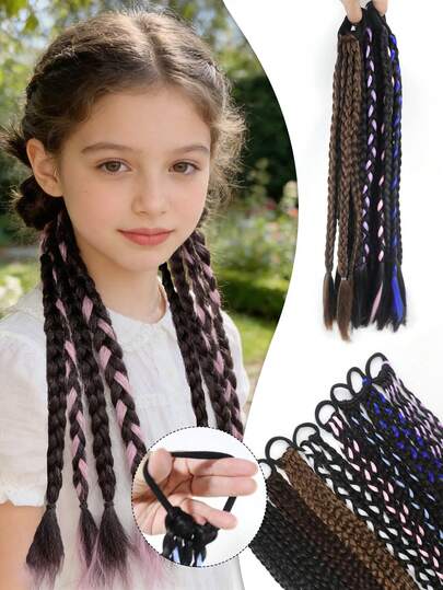 Kids' Dress-Up Braided Ponytail - 18 Inch Y2K Colorful Extensions With Scrunchie, Heat Resistant Pre-Braided For Christmas Daily Play (1 Pc, Easy Style)