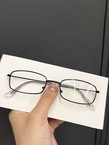 一副时尚方形镜框眼镜，金属镜框搭配透明镜片，男女通用，轻便时尚 - 黑色 - 查看 3