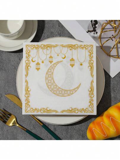 20pcs Elegant Eid Mubarak Decorative Napkins - Golden Crescent Lantern Pattern, 33*33cm, Double-Layered Design For Durability, Ideal For Celebration Events And Restaurants, Also Suitable For Ramadan Decoration.