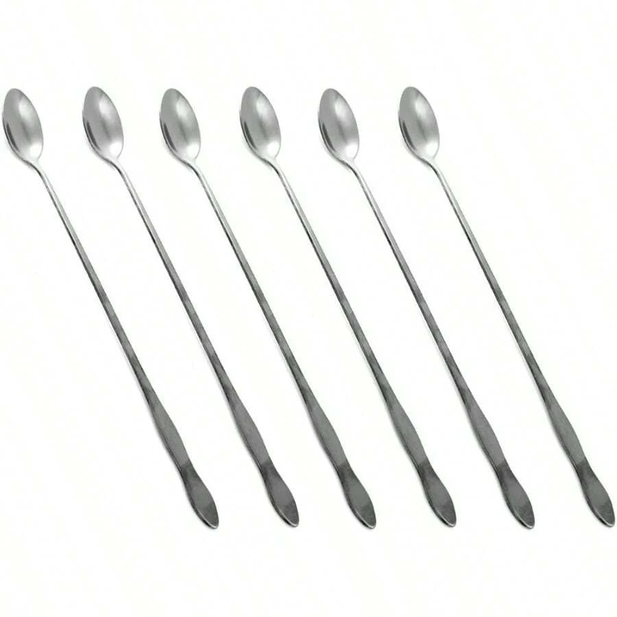 HorntideJuego de cuchara de mezcla de 6 piezas 10 pulgadas 26 cm Cucharas de mango largo para helado Bebida fría Jugo de fruta Cóctel de agitación y más - pulido de espejo de acero inoxidable - plateado - Ver 1