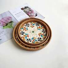 8.66-Inch Diameter X 1.18-Inch Height Handmade Rattan Woven Round Desktop Storage Tray - Multicolor - View 5
