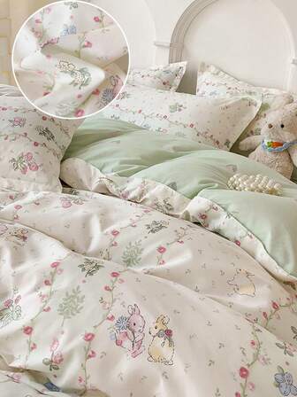 4 Stücke Grünes Kaninchen & Blumenmuster Bettwäsche Set (1 Bettbezug, 2 Kissenbezüge, 1 Bettlaken), moderner, süßer & eleganter Stil, hautfreundlich und komfortabler Bettbezug, geeignet für Einzel-/Doppelbett, für alle Jahreszeiten