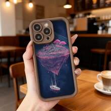 Cubierta de teléfono con borde negro diseño de isla flotante rosa y barco en el mar azul para uso diario en cafeterías y salas de estar,Aplicable a los teléfonos de la serie Apple y Galaxy - Blanco - Ver 4