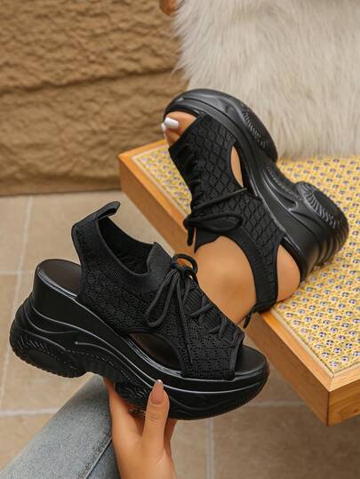 Sandalias de cuña con suela gruesa, de unicolor, de punto, con cordones, cómodas, de estilo casual de verano de playa, de moda con suela gruesa