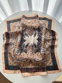 1条70*70厘米方形真丝围巾，女士缎面印花头巾，颈巾，发带，时尚女士披肩，围巾 - 卡其色 - 查看 2