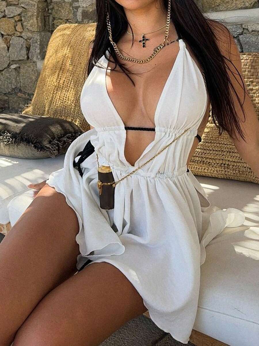 Vaiaye Women's Tie-Front Stripe Ruched Bandeau Top Short Dress,Deep V Halter Backless Camisole Mini Skirt Beach Sexy Cute Elegant Romantic Summer Dress - White - View 1