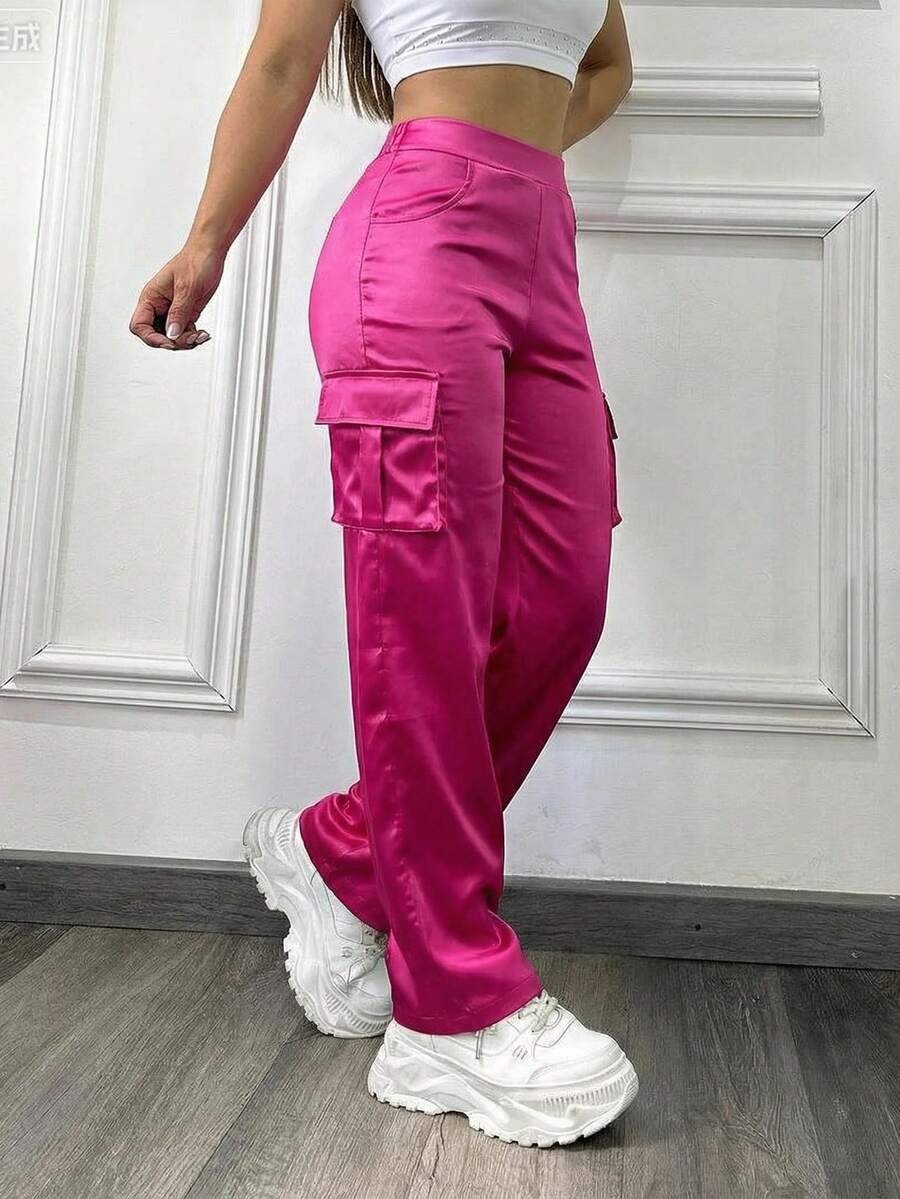 European & American Style Women's Elastic Waist Straight Leg Pants With Side Pockets, Smooth Satin Finish, Suitable For Commuting And Streetwear - Hot Pink - View 1