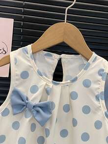 2 pezzi/set Outfit casual per ragazze, top e pantaloni set di moda per giovani ragazze con decorazione a pois e fiocco, estivo - Blu - Visualizzare 3