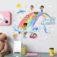 1pc Whimsical Underwater World Wall Decal - Colorful Waves And Friendly Whales, Removable Wallpaper, Suitable For Children's Room And Nursery Decor; Educational Ocean Theme Wall Sticker - Vibrant Whale And Wave Decal Set, Self-Adhesive Decoration For Kindergarten And Playroom; Dreamlike Ocean Mural - Playful Whales Swimming In Rainbow Waves, Peel And Stick Wall Decal - Multicolor - View 5