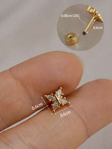 1 pieza Pendientes de botón chapados en oro de 18K, diseñados para oídos sensibles, pendientes de botón con corona de cobre, hoja y cruz de circonita, adecuados para cartílago de la oreja, hélix, trago, concha, lóbulo, daith, bajo contenido de alergia, 20G - Un par de pendientes de circonita redonda - Ver 20