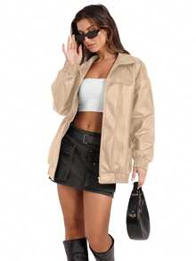 Leather Jacket Women Faux Oversized Motorcycle Bomber Coats Fall Fashion Outfits Winter Clothes - Màu be - Xem 5