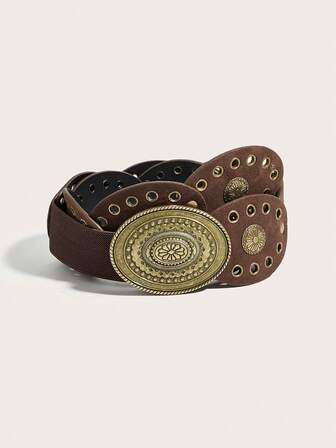 1pc Bohemian Style Vintage Coffee Color Women's Belt, Western Punk Rivet Decor Elastic Waist Belt, Suitable For Pants, Dresses, Casual Wear, Party, Outing, Shopping, Dating, Campus, Holiday, Festival, Music Festival