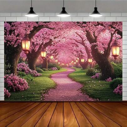 1片装2D平面乡村樱花背景布 - 盛开的樱花图案设计，蜿蜒小径和灯笼点缀，适用于摄影、派对和活动，涤纶材质，无需电源，樱花主题产品
