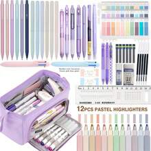 56pcs Delicate Stationery Set, Includes Cute Pencil Case, 12 Pastel Highlighters, 7 Black Gel Pens, 6 0.5mm Mechanical Pencils, Suitable For Students, College Essential, Office & School Supplies, Unisex