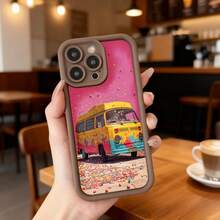Funda para teléfono con borde negro y diseño de camioneta colorida con confeti rosa para uso diario en cafeterías y salas de estar,Aplicable a los teléfonos de la serie Apple y Galaxy - Café integral - Ver 2