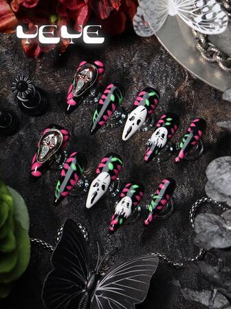 10 st press-on naglar akryl stilett, handgjorda, europeisk stil, svarta naglar, rosa och grönt mönster, 3D tredimensionell dekoration spöke, nordisk heltäckande press-on naglar Y2K akryl set, för kvinnor och flickor sminkfack med 1 st mini nagelfil och 1 ark självhäftande flikar, lämplig för kvinnor och flickor, festivaler, dagligen, arbete, fester, sammankomster och andra platser