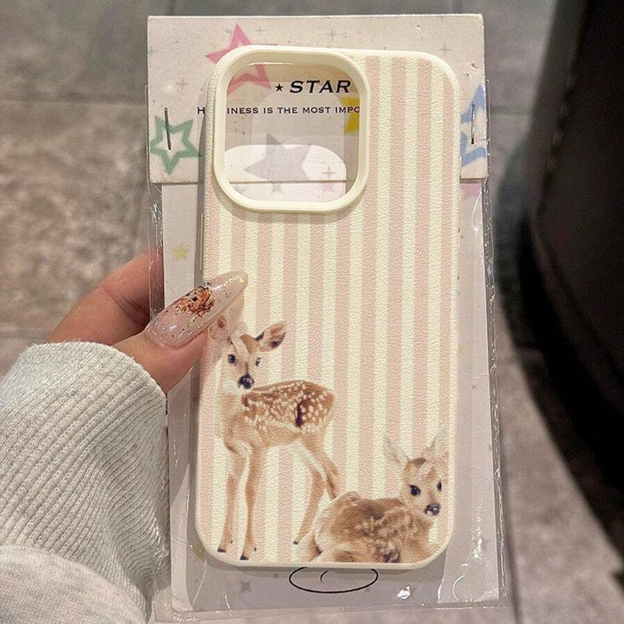 1个TPU软粉色条纹蝴蝶结小鹿图案手机壳，兼容 17 Pro Max/17/16 Pro Max/15/13/12/11、S20 FE/A15/S24/A55，兼容Redmi Note 11/12/13 Pro，全包防摔软保护壳 - 白色 - 查看 1