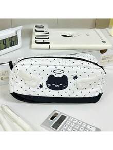 1pc Japanese Style Polka Dot Cat Pencil Case, Ins High-Quality Blue & Color-Blocking Devil Angel Cat Pencil Bag, Cartoon Cute Large Capacity Stationery Pouch For Students
