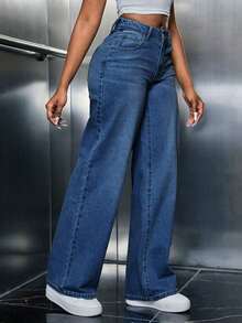 Pantalones vaqueros anchos de mujer, pantalones casuales con botón, bolsillo, cremallera de talle bajo, piernas anchas, de lavado medio, de algodón, para mujer con curvas, sueltos, para primavera/otoño, uso casual diario - Azul lavado medio - Ver 6