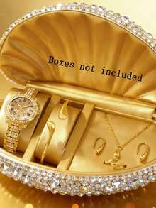 6件套优雅奢华女士石英手表套装，女士黄金配饰和珠宝套装，包括一款镶满水钻的罗马数字表盘金属表带石英手表、一条水滴形金手链、以及配套的水滴形项链和耳环。 - 金色 - 查看 1