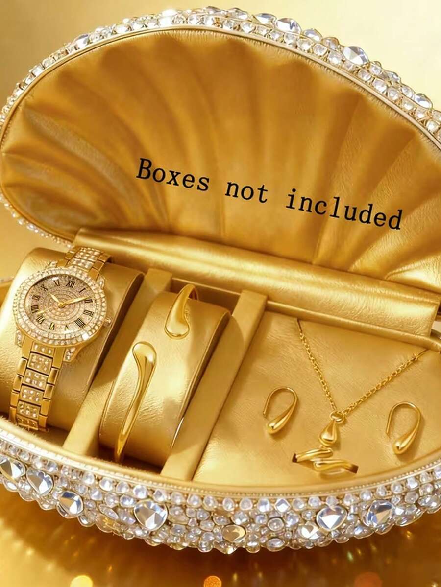 6件套优雅奢华女士石英手表套装，女士黄金配饰和珠宝套装，包括一款镶满水钻的罗马数字表盘金属表带石英手表、一条水滴形金手链、以及配套的水滴形项链和耳环。 - 金色 - 查看 1