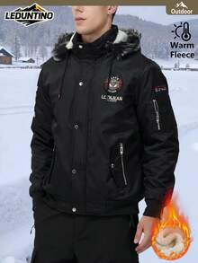 LEDUNTINO Men's Thick Warm Hooded Jacket For Autumn/Winter, Multi-Pocket Design With Letter Embroidery And Icons, Fully Lined For Warmth, Ideal Outdoor Wear - Black - View 2