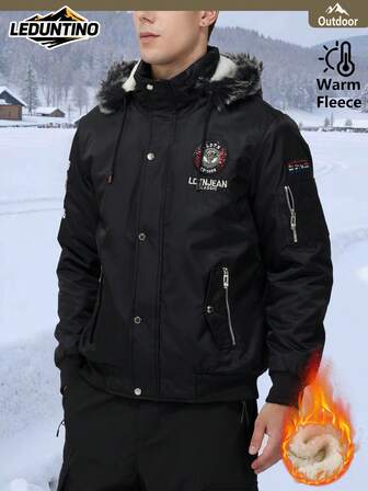 LEDUNTINO Tjock och varm herrjacka med huva för höst/vinter, design med flera fickor, bokstäverbroderi och ikoner, helfodrad för värme, perfekt för utomhusbruk