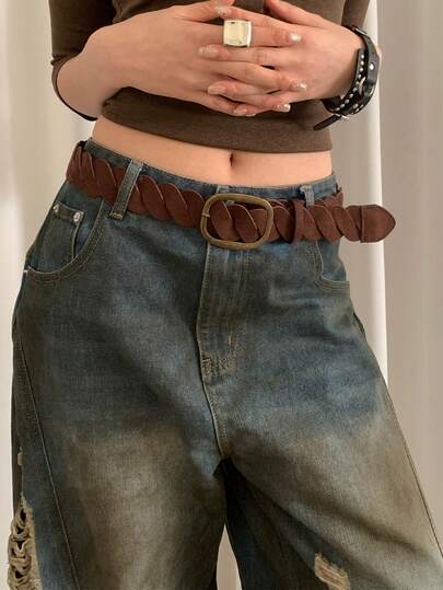 1pc Women's Coffee Color Solid PU Leather Criss-Cross Wavy Vintage Bohemian Versatile Belt