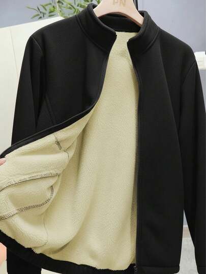 Women's Solid Color Fleece Jacket, Sherpa Lined Double-Sided Coral Fleece Zip-Up Coat With Pockets, Simple & Comfortable, Thick Warm Lining For Cold Winter And Snowy Weather