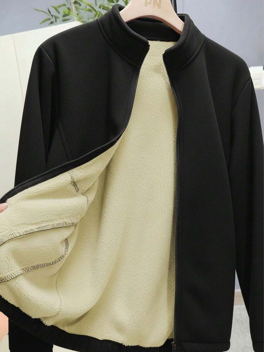 女款秋冬純色抓絨外套,羊羔絨雙面珊瑚絨拉鍊外套,內建口袋,極簡運動風黑色 - 黑色 - 查看 1