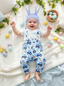 Conjunto de 3 piezas para bebé recién nacido de Pascua, primavera y verano, mono con estampado de letras de conejo, cuello redondo y manga corta, y gorro, ideal para festivales de ocio de 0 a 12 meses. - Blanco - Ver 5
