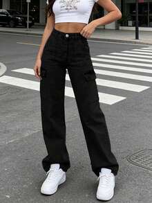 Women's American Casual Versatile Basic Mid-Rise Straight Work Jeans - Black - View 8