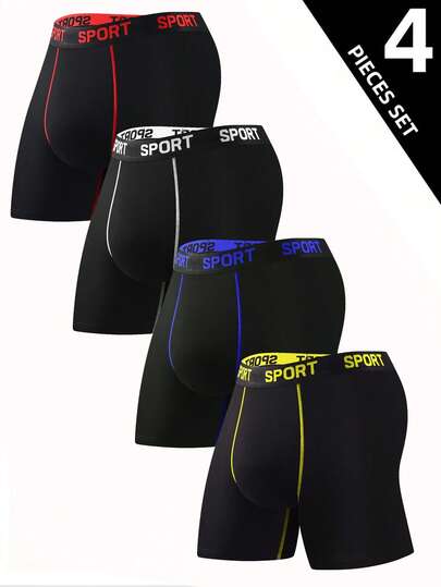 4pcs Men's Comfy Skinny Fit Shapewear Underwear - Breathable, Stretchy, Quick-Drying, Elastic Waistband, Long Boxer Briefs Shorts For Spring Workout, Sports, Casual Wear - Soft, Lightweight, Moisture-Wicking., Activewear Essentials, Sports