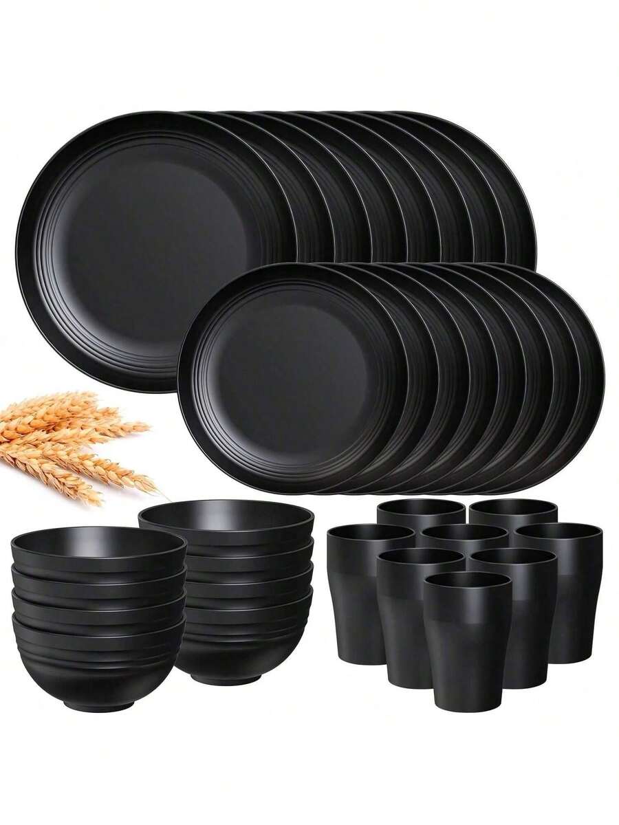 32pcs Dinnerware Sets For 8, Plastic Plates And Bowls, Includes Dinner Plate, Dessert Plate, Cereal Bowl, And Cup, Unbreakable Plastic Cutlery For Outdoor Camping, Black, Suitable For Home Kitchens And Outdoor Camping - 黑色 - 查看 1