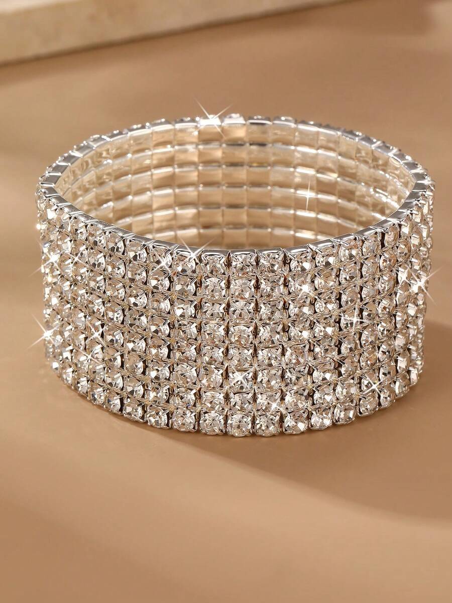1pc Women's Elegant 8 Crystal Row Rhinestone Bracelet, Fashionable Wedding, Party And Daily Accessory - Silver - View 1