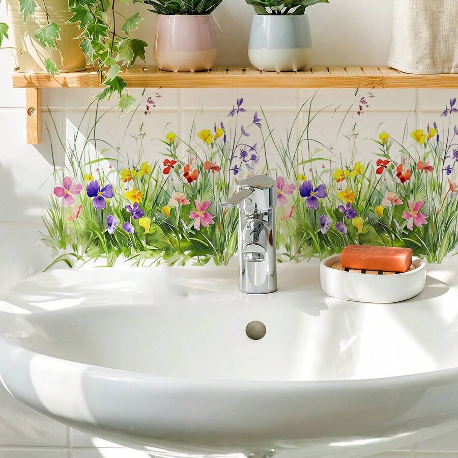 Colorful Flower And Grass Stickers, Bathroom Toilet Wall Stickers, Decoration Stickers, Waterproof Self-Adhesive Ready-To-Use Stickers For Beautifying PVC Materials